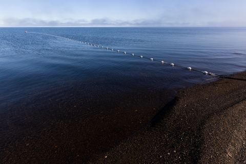 White floats on a subsistence net strung out from beach into the ocean.