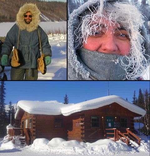 A collage of three photos, two people bundled up and a log cabin-style visitor center covered in deep snow