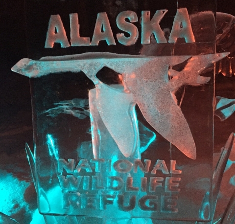 A block of ice with an image of a flying goose and the words "Alaska National Wildlife Refuge" etched into it