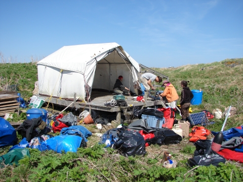 canvas wall tent with bags of gear around it