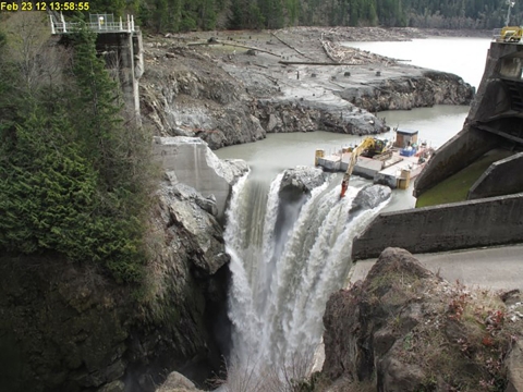A distance photo of the Elwha Dam being removed. 