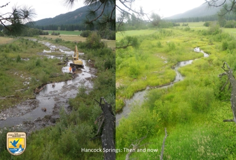 Two side-by-side photos show a stream being constructed compared with its very natural look afterward.