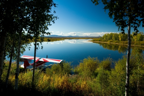 Float plane docked in Kanuti Lake in Kanuti Refuge.