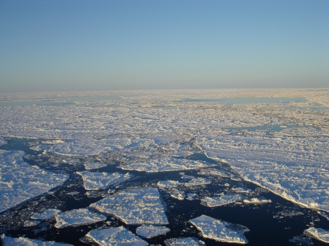 aerial view of large flat sheets of sea ice with water in between