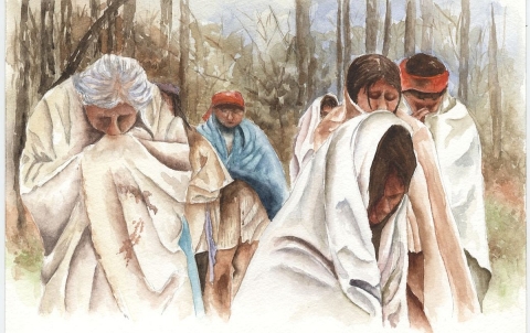 A image of five dispirited, exhausted looking individuals with their hands to their faces walking in a wooded setting
