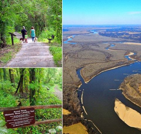 A three-photo collage: A gravel trail, an aerial view of the muddy Missouri River, and a sign reading "Arrow Rock Historic River Landing Trail"