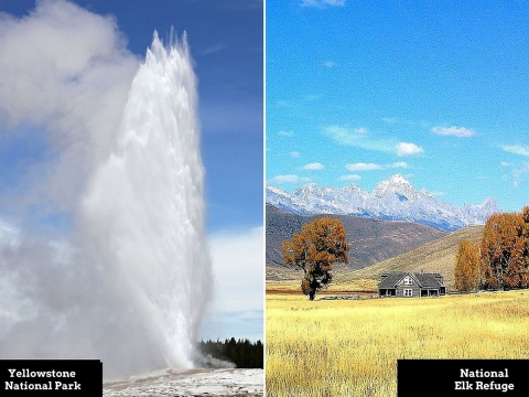 Two-photo collage. Left: A geyser spouting water from a rock basin. Right: A historic homestead in a valley with rugged mountain peaks in the distance