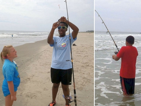 A two-photo collage showing people fishing along an ocean beach