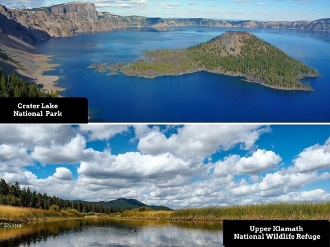 Two-photo collage. Top: A forest island in the middle of a deep blue lake. Bottom: Waterway bordered by forest and grassland