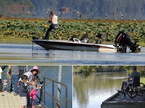 A three-photo collage showing a man fishing from a motorboat, a woman fishing with two children from a pier and a man in a wheelchair fishing from a platform