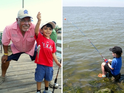 A two-photo collage. In one, a man is smiling as a boy holds up a small fish he caught. In the other, a small boy is fishing while sitting on a small rock