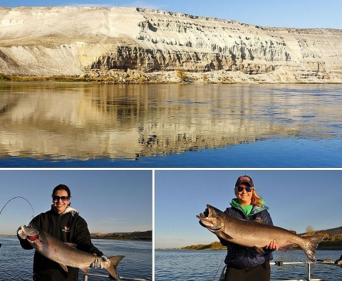 A three-photo collage: One photos shows a steep, sandy bank of the blue Columbia River, the other two showing women posing while holding large fish they caught