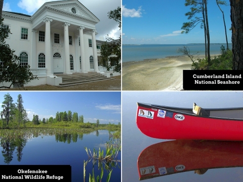 Four-photo collage: A stately white mansion, an ocean beach, a beautiful blue wetland, the bow of a canoe on smooth water