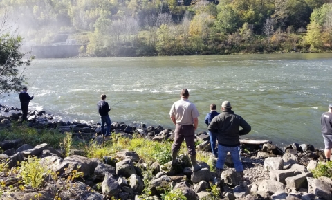 Several people standing on a rocky riverbank fishing. 