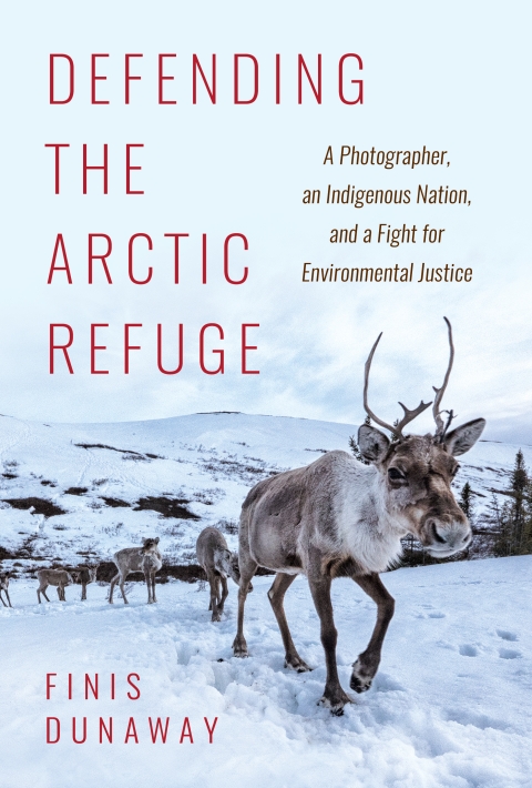 A caribou and four calves in front of mountains covered with snow as seen on the book cover of "Defending the Arctic Refuge: A Photographer, an Indigenous Nation, and a Fight for Environmental Justice". Original picture by Peter Mather/Minden Pictures.