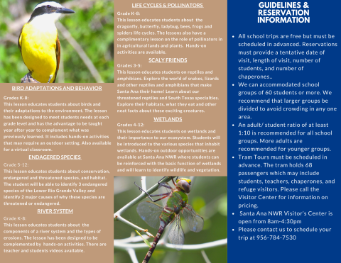 Environmental education brochure with more information about lesson offered by Park Rangers.