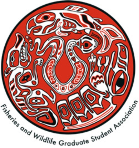 Circular logo containing animal representations of fish, snakes, birds, and a coyote, created in an indigenous style. 