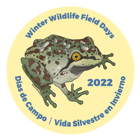 Circular sticker with a spotted frog and the text "Winter Wildlife Field Days 2022, Dias de Campo/Vida Silvestre en Invierno"