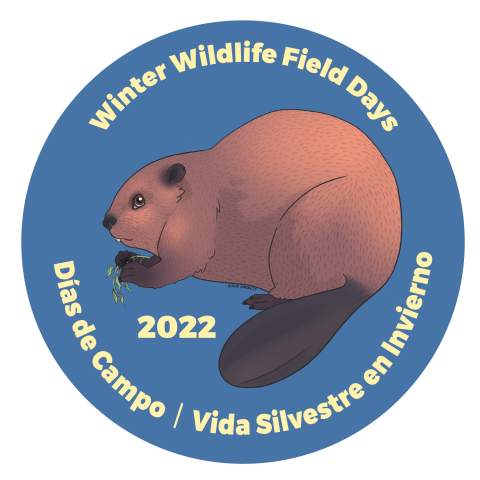 Circular sticker with a beaver and the text "Winter Wildlife Field Days 2022, Dias de Campo/Vida Silvestre en Invierno"