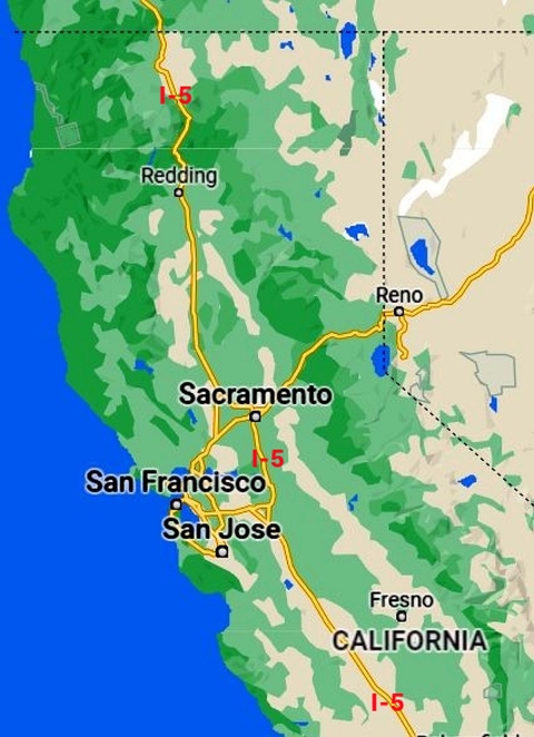 Map of the northern California portion of Interstate 5
