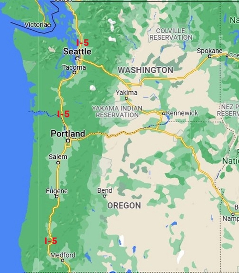 Map of the Washington-Oregon portion of Interstate 5