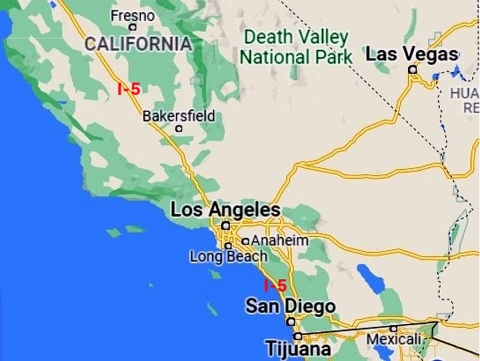 Map of the southern California portion of Interstate 5