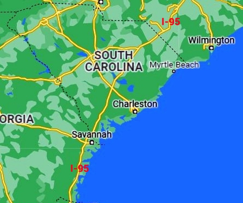 Map of South Carolina/Georgia portion of Interstate 95