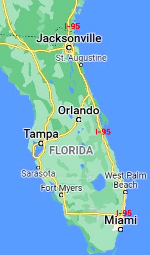Map of Florida portion of Interstate 95
