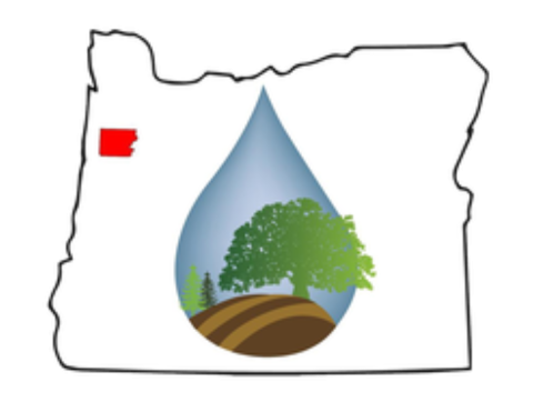 State of oregon with Polk County highlighted in red. A graphic of a water droplet with trees growing from the ground is overlaid on top of the state outline.