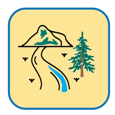 Icon of a mountain, river and show covered pine tree