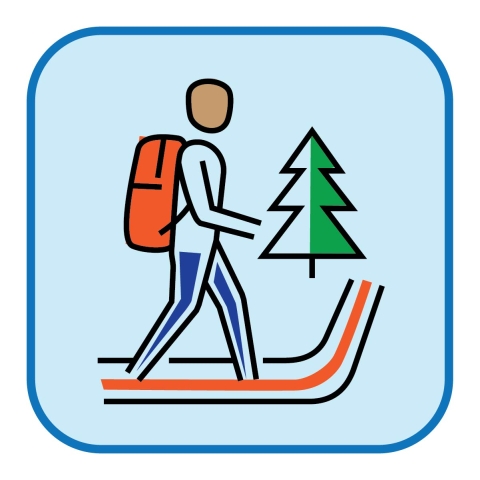 Icon of a person hiking with a red backpack and a tree in the background