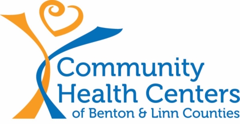 Logo with two twisting, different colored strands opening up to a heart and the text "Community Health Centers of Benton & Linn Counties. 