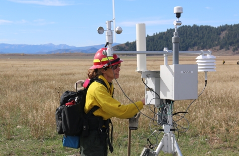 A woman in a yellow shirt and a red hard hat checks smoke-detecting equipment in a field.