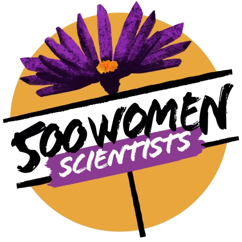 Purple flower against a orange circle background, with the text "500 women scientists"