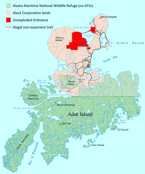map of Adak Island showing refuge lands to the south, and Aleut Corp lands to the north