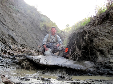 A man poses alongside dinosaur remains uncovered in mud.