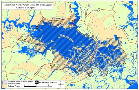 Map of refuge waters with seasonally closed waters shaded.