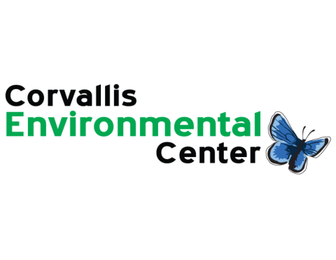 Text "Corvallis Environmental Center" paired with a small blue butterfly. 