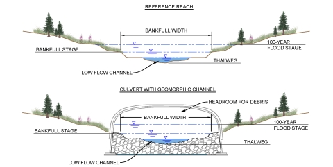 two cross sections of a stream showing bankfull width and a culvert with a geomorphic channel