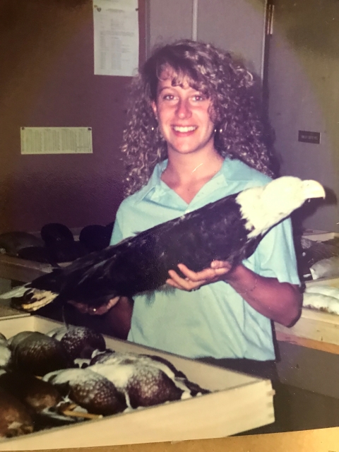 Person holding a bald eagle mount.