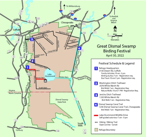 Map of Great Dismal Swamp NWR depicting locations of bird festival events