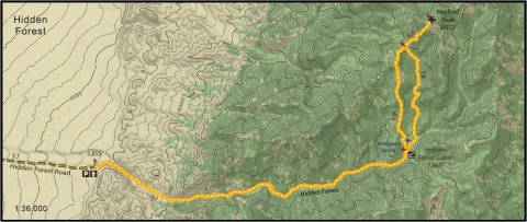 Topographic map showing the route to Hidden Forest Cabin and Hayford Peak