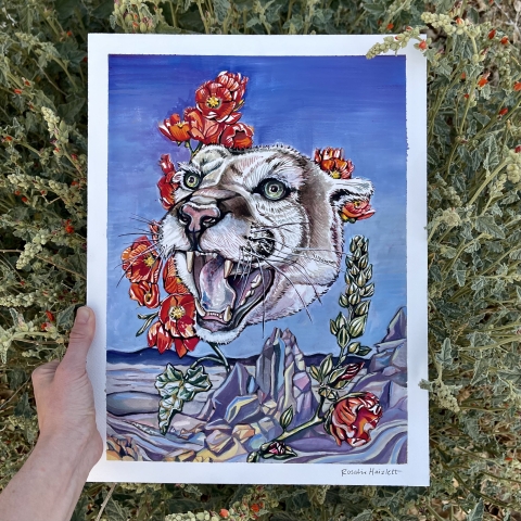 Watercolor painting of abstract desert plants and a mountain lion