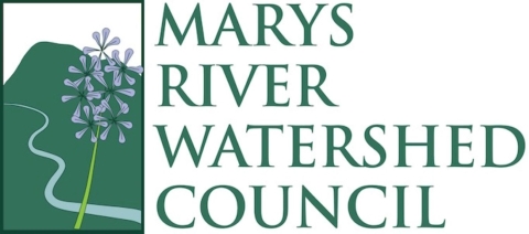 Logo with green hills, a blue meandering stream, and a small purple flower. With text that reads "Marys River Watershed Council."
