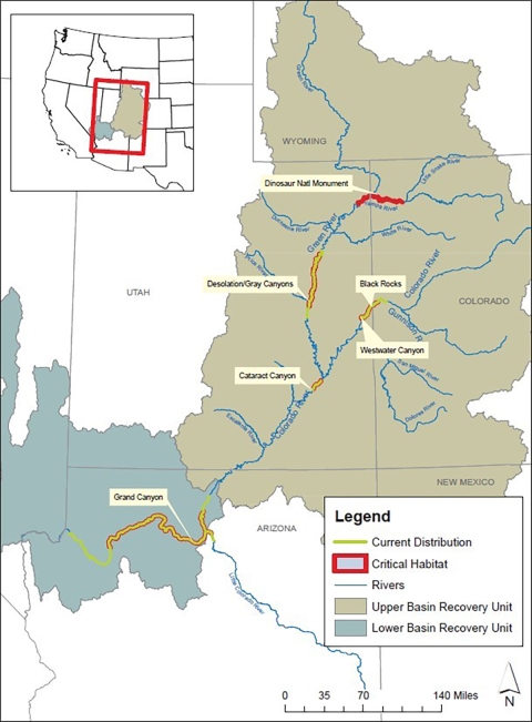 Map of Humpback chub occupied range and critical habitat