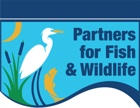 Partners for Fish and Wildlife Program logo featuring a crane and a fish in a wetland