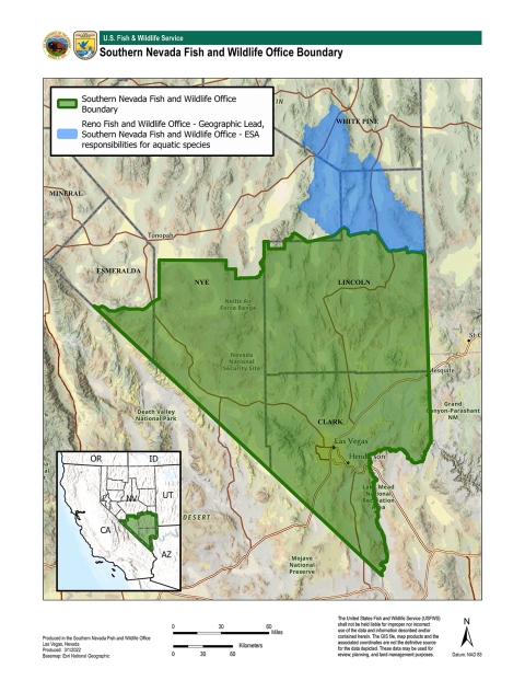 Map depicting area of southern Nevada covered by the Southern Nevada Fish and Wildlife Ofice