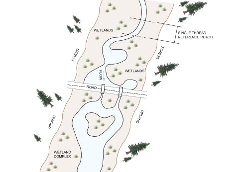 aerial view of a graphical illustration of a wetland complex with a road and culverts