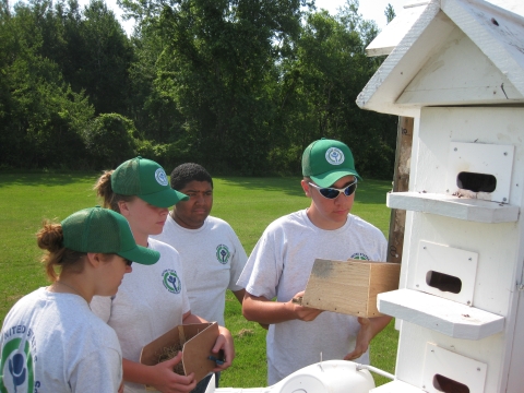 Four YCC crew members stand next to purple martin bird houses they constructed. 