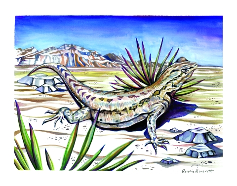 Painting of a fence lizard with mountains in the background